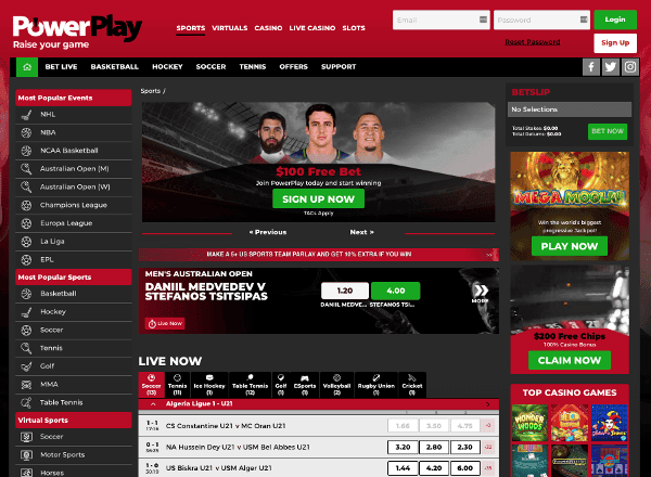 screenshot of power play sports website