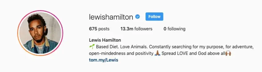 Lewis Hamilton's instagram account