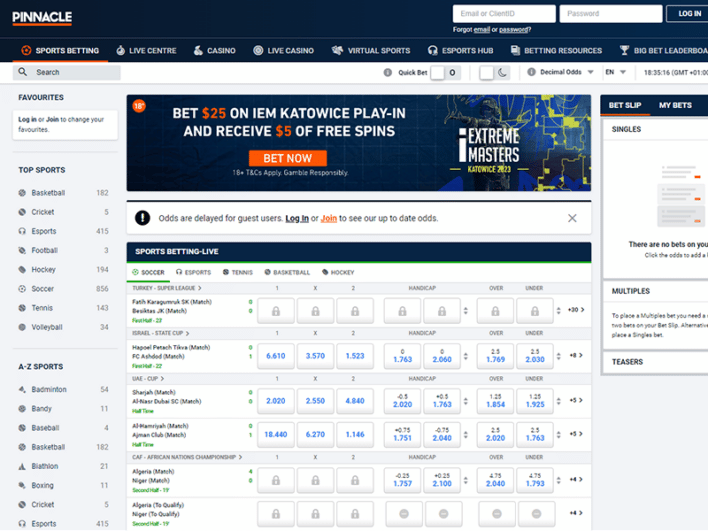 Screenshot of the Pinnacle sports betting homepage on desktop view. 