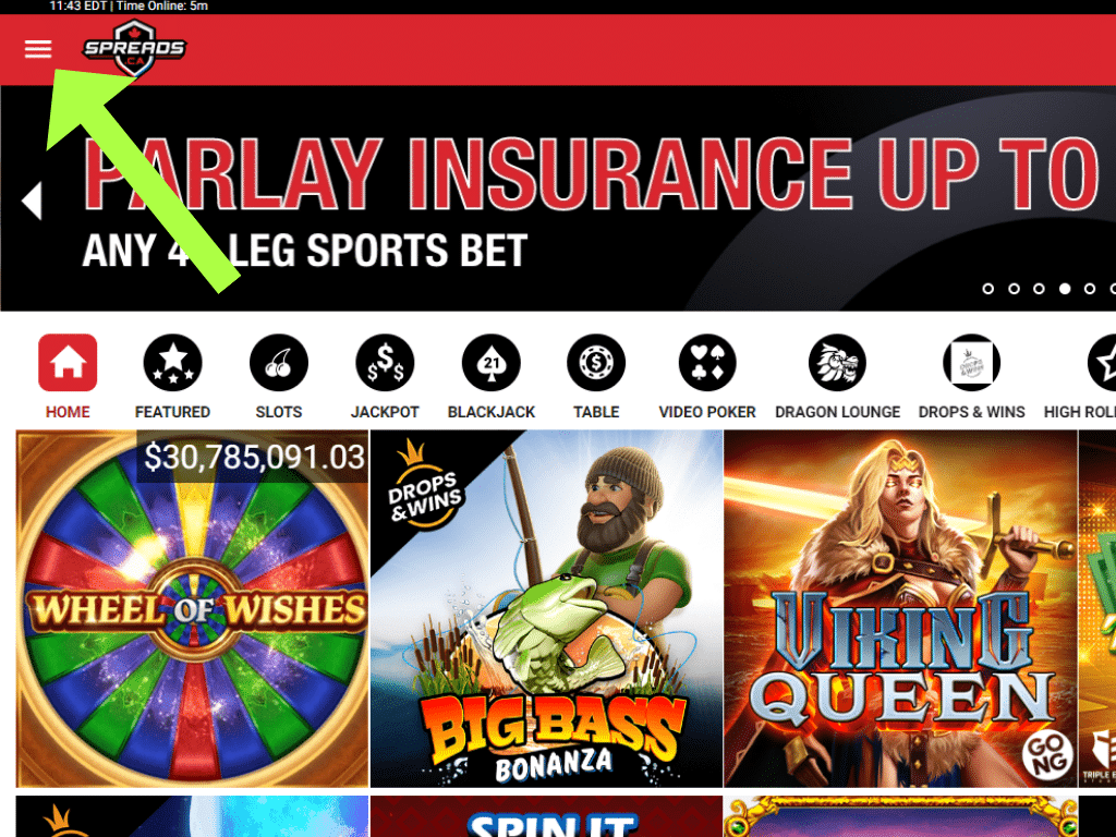 this image shows where to find the hamburger menu at spreads casino
