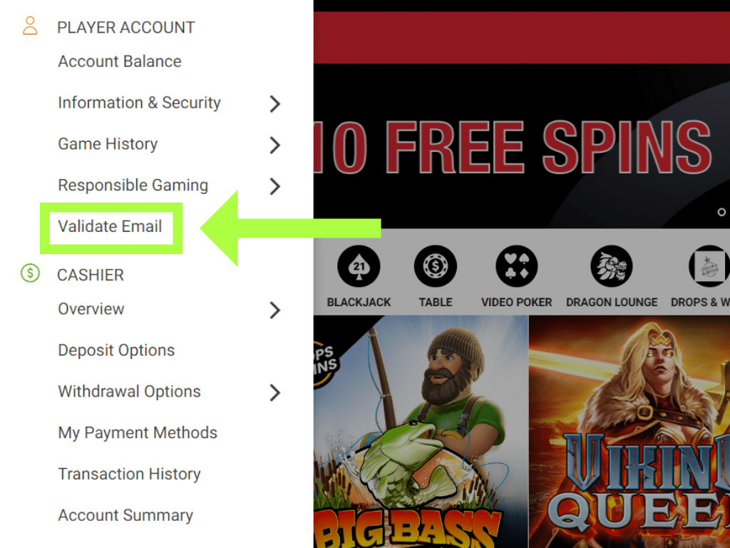 this image shows where to locate the "validate email" option at spreads casino