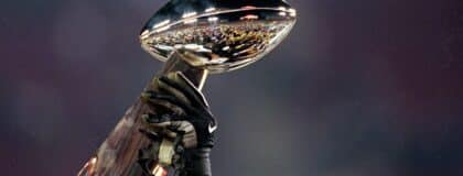 A general view of the Lombardi Trophy being held aloft before the Super Bowl.