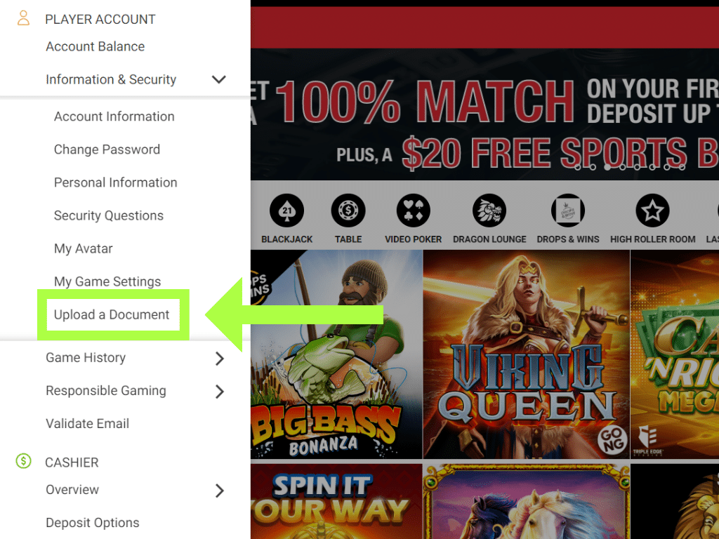 this image shows where to locate upload a document section to verify your identity at spreads casino