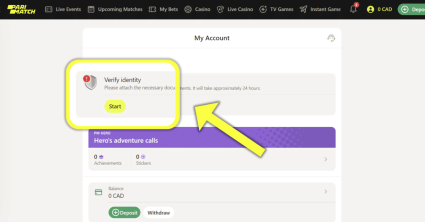 Parimatch - How to verify identity screenshot of parimatch canada verification