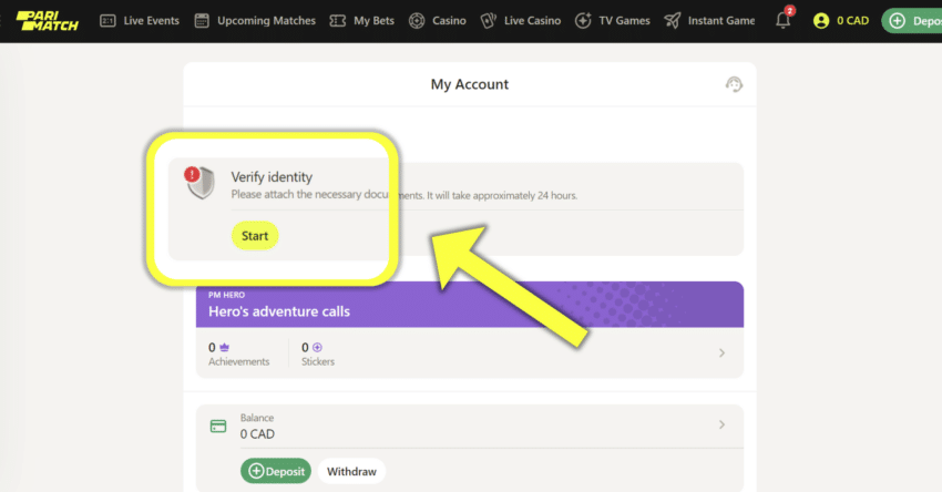 screenshot of parimatch canada verification