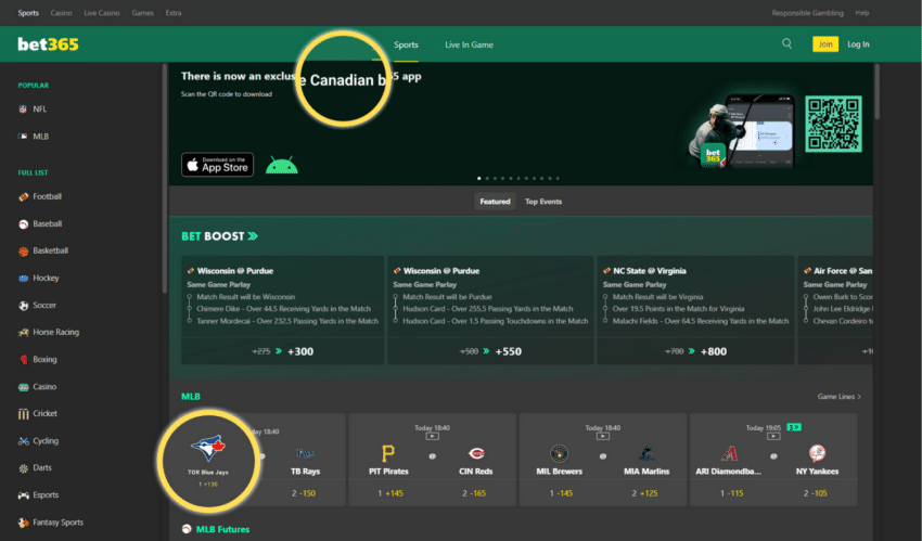 bet365 canada website screenshot for our bet365 review