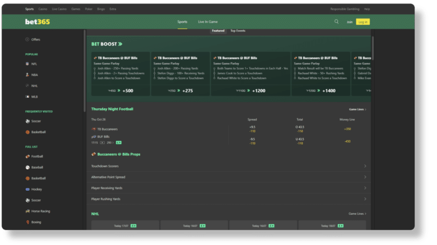 A screenshot of Bet365 sportsbook, one the best sports betting sites Canada.