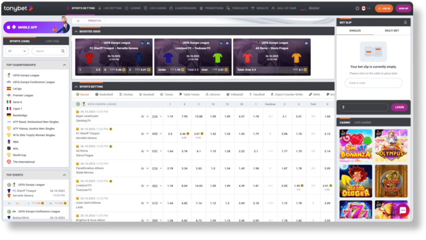 A screenshot of Tonybet, one the best sports betting sites Canada.