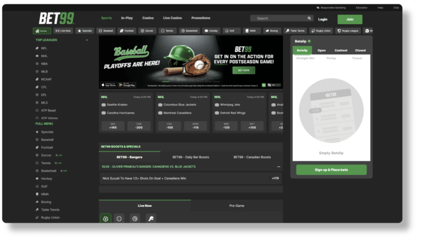 A screenshot of Bet99, one the best sports betting sites Canada.
