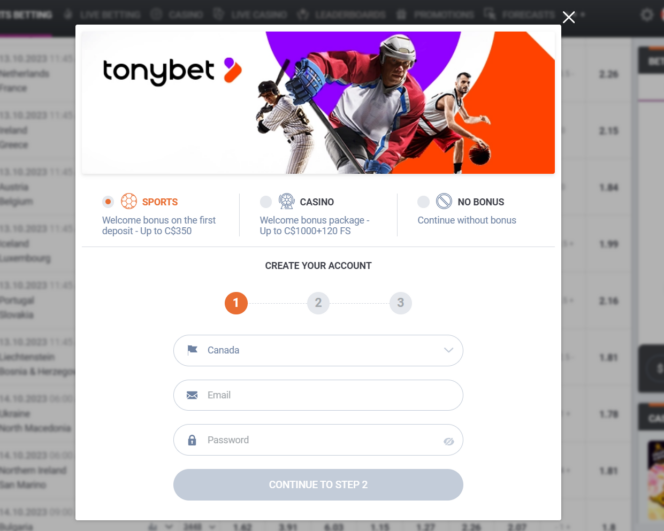 Tonybet review canada sign up screenshot