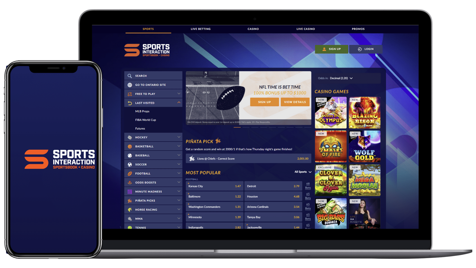 Laptop and mobile phone mockup of the sports interaction ontario homepage.