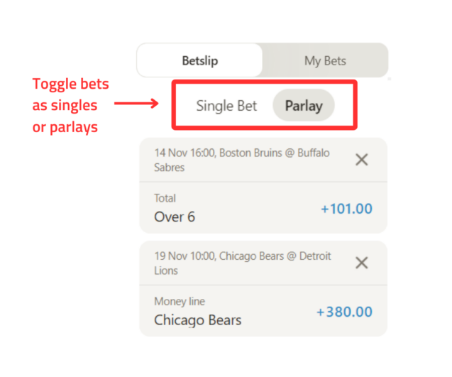 Screenshot showing players how to toggle between parlay and single bets