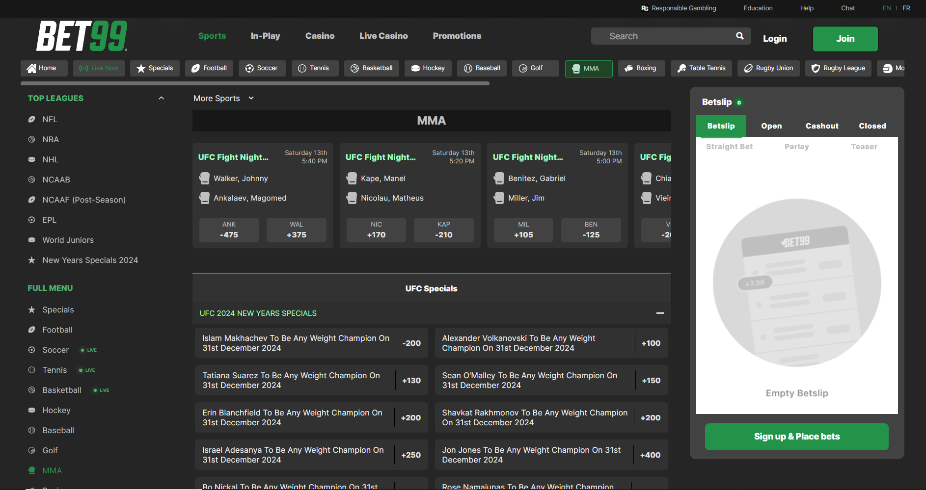 bet99 mma betting site