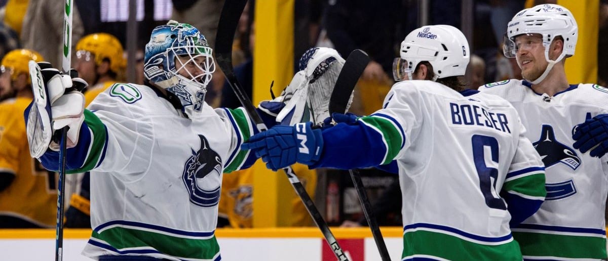 Arturs Silovs #31 of the Vancouver Canucks celebrates defeating the Nashville Predators in overtime of Game Four of the First Round of the 2024 Stanley Cup Playoffs at Bridgestone Arena on April 28, 2024 in Nashville, Tennessee.