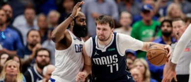 Luka Doncic #77 of the Dallas Mavericks drives to the basket while defended by James Harden #1 of the Los Angeles Clippers in the second half of game four of the Western Conference First Round Playoffs at American Airlines Center on April 28, 2024 in Dallas, Texas