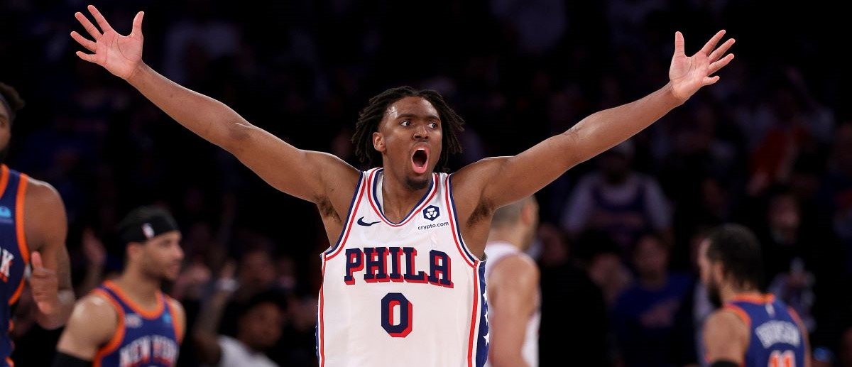 Tyrese Maxey #0 of the Philadelphia 76ers reacts in the fourth quarter against the New York Knicks at Madison Square Garden on April 30, 2024 in New York City. The Philadelphia 76ers defeated the New York Knicks 112-106 in overtime