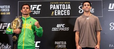 Opponents Alexandre Pantoja and Steve Erceg pose during the UFC 301 media day at the Windsor Marapendi Hotel on May 01, 2024 in Rio de Janeiro, Brazil