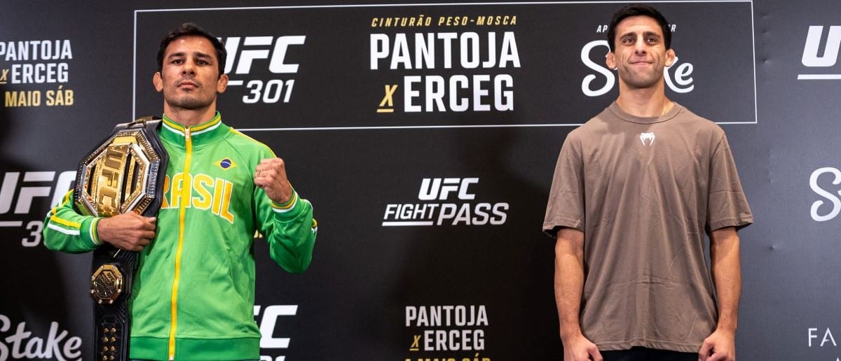 Opponents Alexandre Pantoja and Steve Erceg pose during the UFC 301 media day at the Windsor Marapendi Hotel on May 01, 2024 in Rio de Janeiro, Brazil