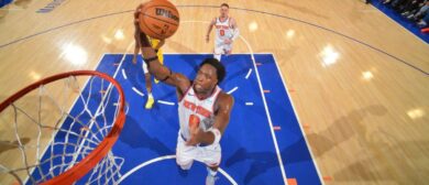 OG Anunoby #8 of the New York Knicks drives to the basket during the game against the Indiana Pacers during Round 2 Game 1 of the 2024 NBA Playoffs on May 6, 2024 at Madison Square Garden in New York City, New York