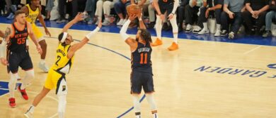 Jalen Brunson #11 of the New York Knicks shoots a three point basket during the game against the Indiana Pacers during Round 2 Game 2 of the 2024 NBA Playoffs on May 8, 2024 at Madison Square Garden in New York City, New Yor