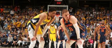 Tyrese Haliburton #0 of the Indiana Pacers & Donte Divincenzo #0 of the New York Knicks looks on during the game during Round 2 Game 4 of the 2024 NBA Playoffs on May 12, 2024 at Gainbridge Fieldhouse in Indianapolis, Indiana