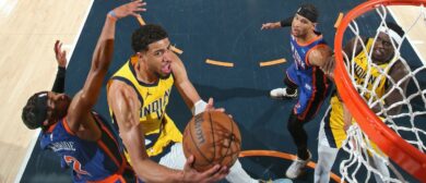 Tyrese Haliburton #0 of the Indiana Pacers drives to the basket during the game against the New York Knicks during Round 2 Game 5 of the 2024 NBA Playoffs on May 14, 2024 at Madison Square Garden in New York City, New York