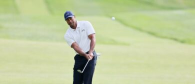Tiger Woods of the United States plays a shot during a practice round prior to the 2024 PGA Championship at Valhalla Golf Club on May 13, 2024 in Louisville, Kentucky