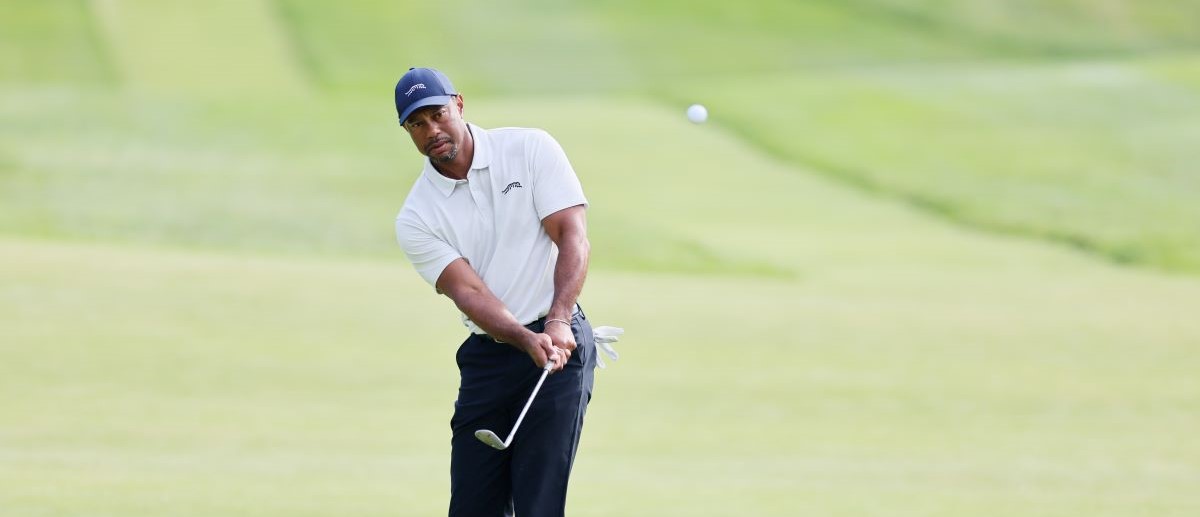 Tiger Woods of the United States plays a shot during a practice round prior to the 2024 PGA Championship at Valhalla Golf Club on May 13, 2024 in Louisville, Kentucky