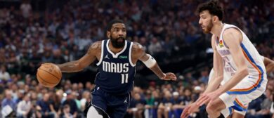 Kyrie Irving #11 of the Dallas Mavericks drives against Chet Holmgren #7 of the Oklahoma City Thunder during the first quarter in Game Four of the Western Conference Second Round Playoffs at American Airlines Center on May 13, 2024 in Dallas, Texas.