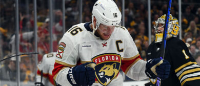 Aleksander Barkov #16 of the Florida Panthers celebrates his third-period goal against the Boston Bruins in Game Four of the Second Round of the 2024 Stanley Cup Playoffs at the TD Garden on May 12, 2024 in Boston, Massachusetts.