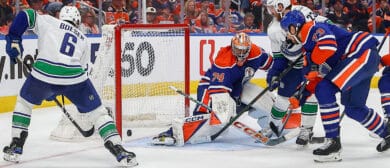 Vancouver Canucks Right Wing Brock Boeser (6) scores on Edmonton Oilers Goalie Stuart Skinner (74) in the second period of game five of the Western Conference Second Round Edmonton Oilers game versus the Vancouver Canucks on May 12, 2024 at Rogers Place in Edmonton, AB.