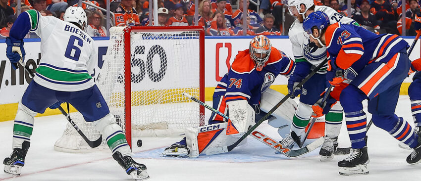 Vancouver Canucks Right Wing Brock Boeser (6) scores on Edmonton Oilers Goalie Stuart Skinner (74) in the second period of game five of the Western Conference Second Round Edmonton Oilers game versus the Vancouver Canucks on May 12, 2024 at Rogers Place in Edmonton, AB.
