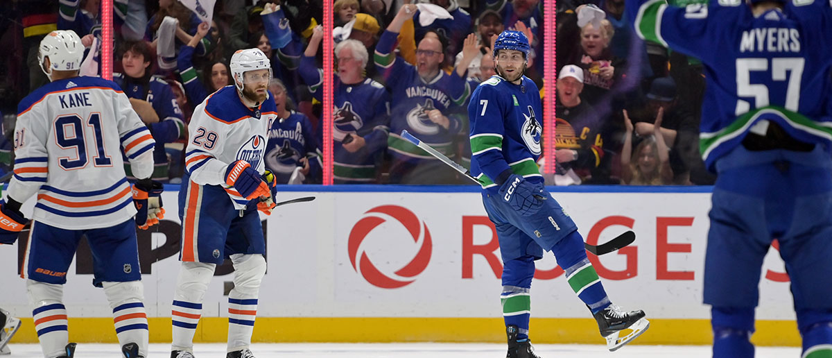 Carson Soucy #7 of the Vancouver Canucks celebrates a goal against the Edmonton Oilers during the first period in Game Five of the Second Round of the 2024 Stanley Cup Playoffs at Rogers Arena on May 16, 2024 in Vancouver, British Columbia.