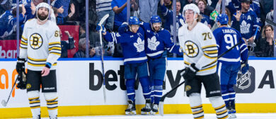 The Maple Leafs celebrate a big goal in their Game 6 victory over the Bruins. (Leafs Predictions)
