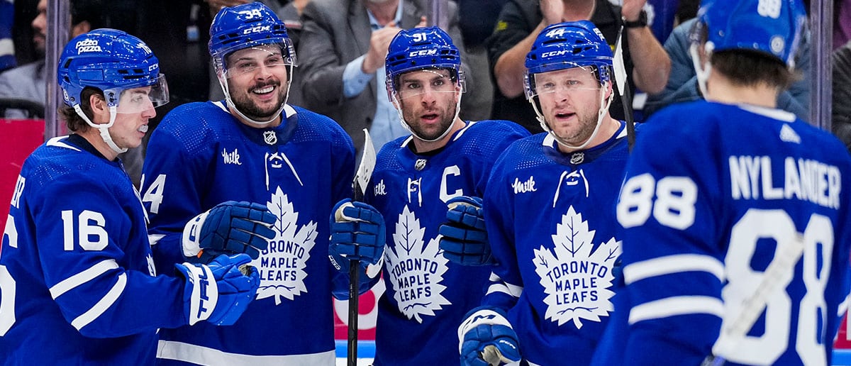 Auston Matthews #34 of the Toronto Maple Leafs celebrates his goal against the Dallas Stars with teammates Mitchell Marner #16, John Tavares #91, Morgan Rielly #44 and William Nylander #88 during the second period at Scotiabank Arena on February 7, 2024 in Toronto, Ontario, Canada.