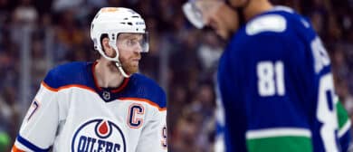 VANCOUVER, BC - MAY 08: Edmonton Oilers Centre Connor McDavid (97) and Vancouver Canucks Centre Centre Dakota Joshua (81) shown during Game One of the Second Round of the 2024 Stanley Cup playoffs between the Edmonton Oilers and the Vancouver Canucks on May 8, 2024, at Rogers Arena in Vancouver, B.C. (Photo by Jamie Douglas/Icon Sportswire via Getty Images)