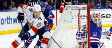 Matthew Tkachuk #19 of the Florida Panthers carries the puck against the New York Rangers during the third period at Madison Square Garden on March 04, 2024 in New York City.