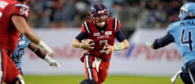 Cody Fajardo #7 of the Montreal Alouettes runs with the football against the Toronto Argonauts at BMO Field on November 11, 2023 in Toronto, Canada.