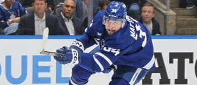 Auston Matthews #34 of the Toronto Maple Leafs lets a shot go against the Boston Bruins in Game Three of the First Round of the 2024 Stanley Cup Playoffs at Scotiabank Arena on April 24, 2024 in Toronto, Ontario, Canada.