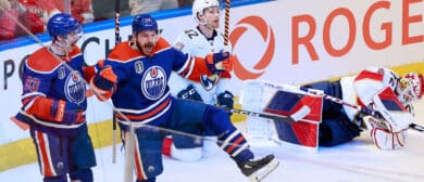Ryan Nugent-Hopkins #93 and Zach Hyman #18 of the Edmonton Oilers celebrate after Hyman's goal against the Florida Panthers during the second period of Game Six of the 2024 Stanley Cup Final at Rogers Place on June 21, 2024 in Edmonton, Alberta.