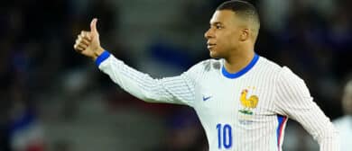 Kylian Mbappe centre-forward of France and Real Madrid reacts during the friendly match between France and Canada at Nouveau Stade Bordeaux on June 9, 2024 in Bordeaux, France.
