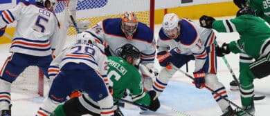 Joe Pavelski #16 of the Dallas Stars is knocked down in front of the goal of Stuart Skinner #74 of the Edmonton Oilers during the first period in Game Five of the Western Conference Final of the 2024 Stanley Cup Playoffs at American Airlines Center on May 31, 2024 in Dallas, Texas.