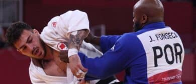 Jorge Fonseca of Team Portugal and Shady Elnahas of Team Canada during the Men’s Judo 100kg Contest for Bronze Medal A on day six of the Tokyo 2020 Olympic Games at Nippon Budokan on July 29, 2021 in Tokyo, Japan.