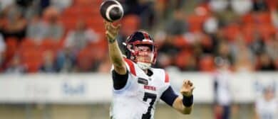 Cody Fajardo #7 of the Montreal Alouettes throws a pass against the Toronto Argonauts during the second half at BMO Field on June 28, 2024 in Toronto, Canada.