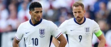 Jude Bellingham and Harry Kane of England react during the UEFA EURO 2024 quarter-final match between England and Switzerland at Düsseldorf Arena on July 06, 2024 in Dusseldorf, Germany.
