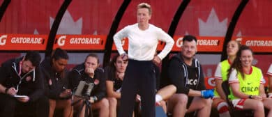 Bev Priestman Head Coach of Canada looks on during an International Friendly match against Mexico at BMO Field on June 4, 2024 in Toronto, Ontario, Canada.