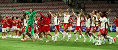 Players of Team Canada celebrate after winning the Women's group A match between Colombia and Canada during the Olympic Games Paris 2024 at Stade de Nice on July 31, 2024 in Nice, France.