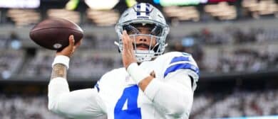 Dak Prescott #4 of the Dallas Cowboys warms up prior to an NFL football game against the Baltimore Ravens at AT&T Stadium on September 22, 2024 in Arlington, Texas.