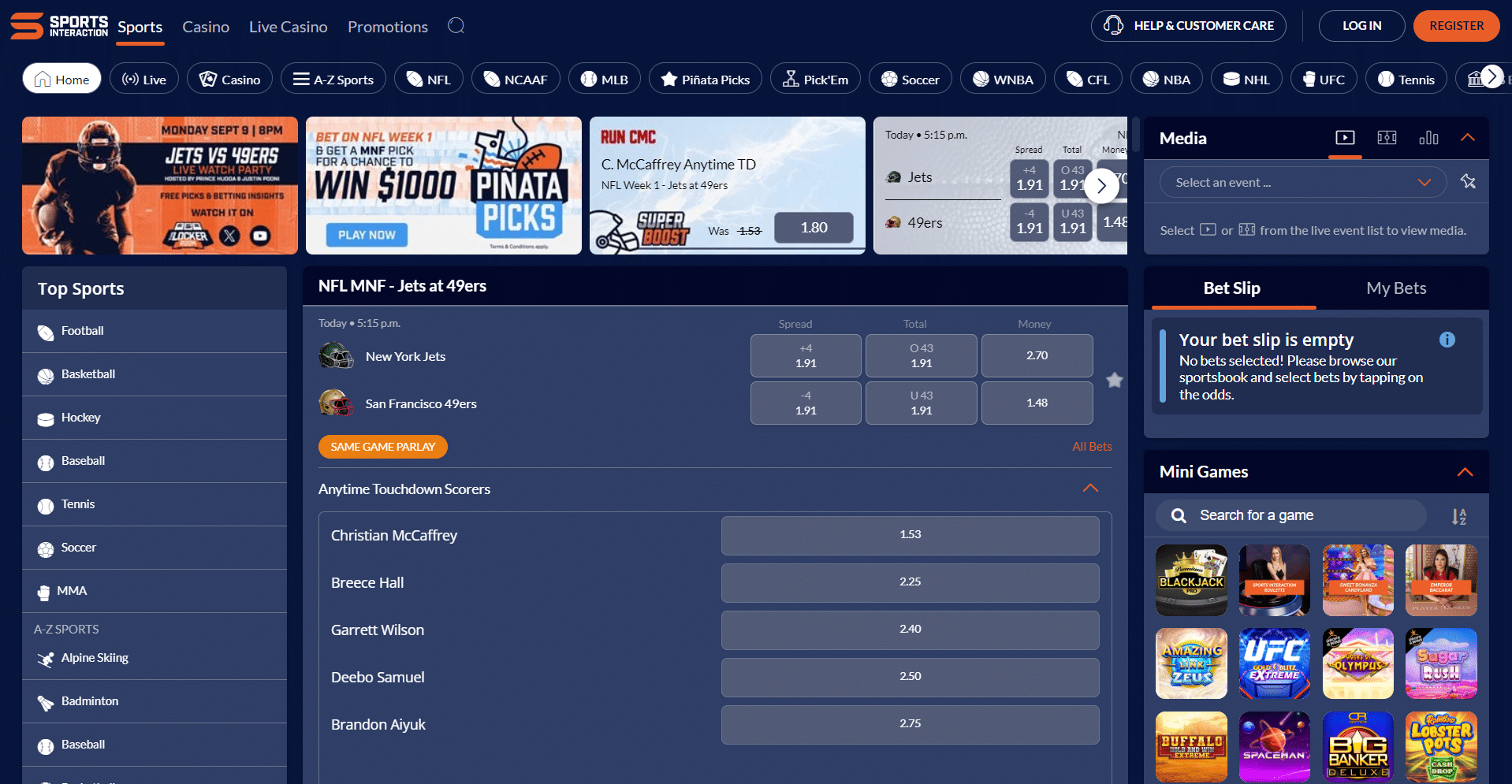 Screenshot of the sports interaction website.