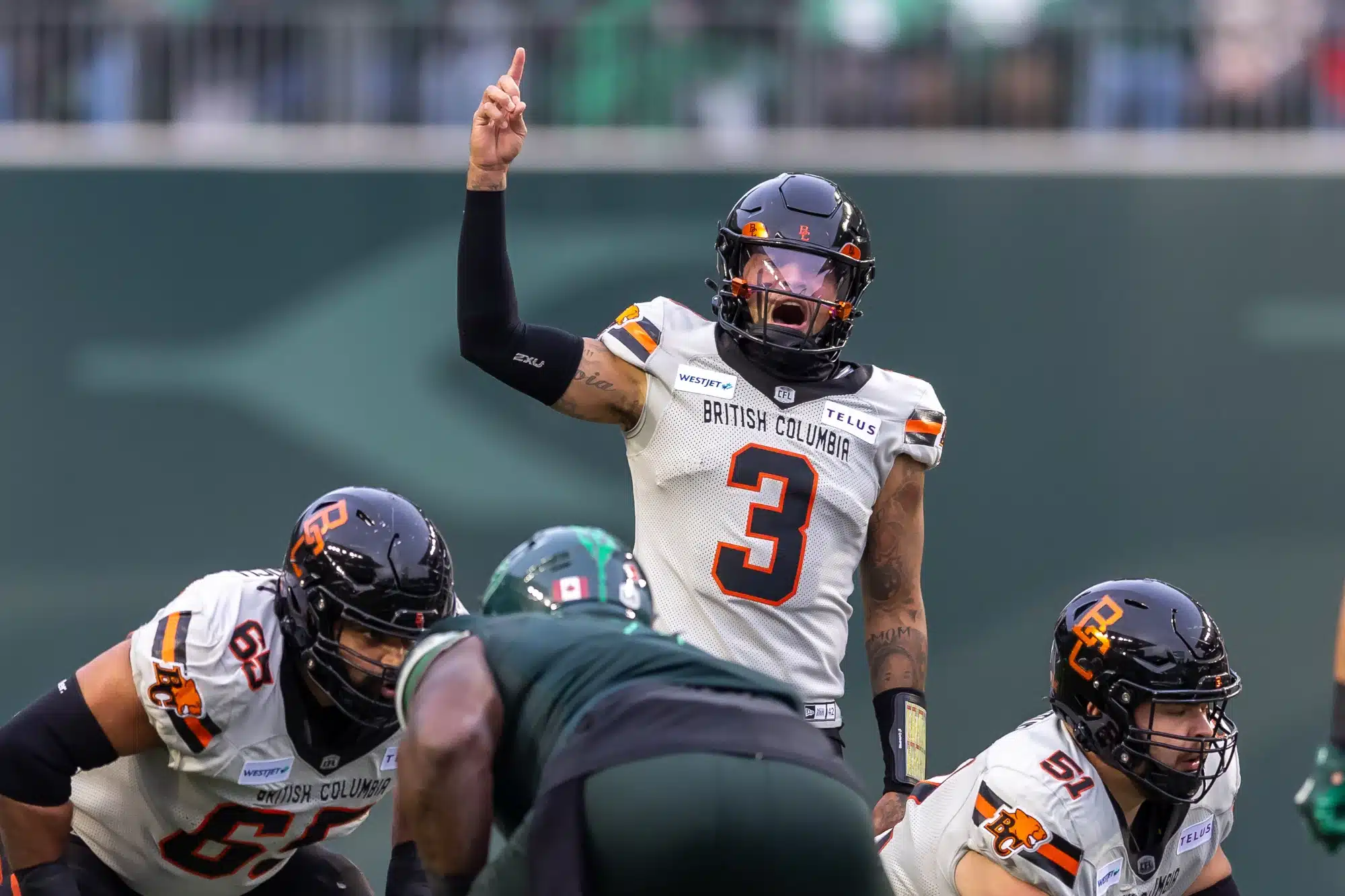 Vernon Adams Jr. #3 of the BC Lions calls out signals at the line in the CFL Western Semi-Final game between the BC Lions and Saskatchewan Roughriders at Mosaic Stadium on November 2, 2024 in Regina, Canada.